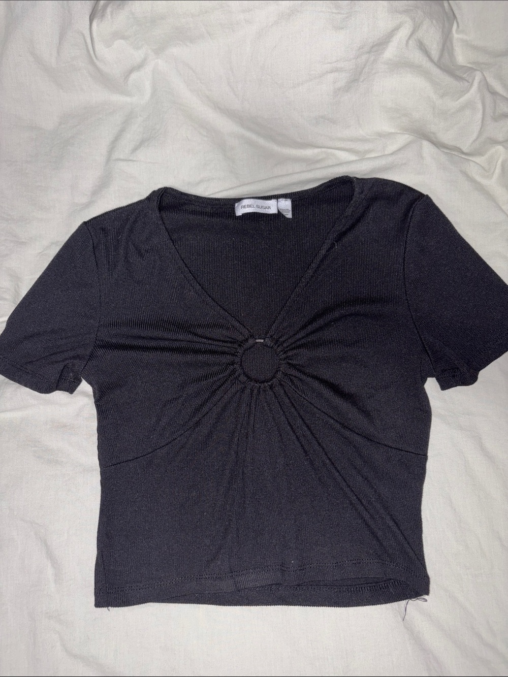 Black Short Sleeve Ring-Front Top